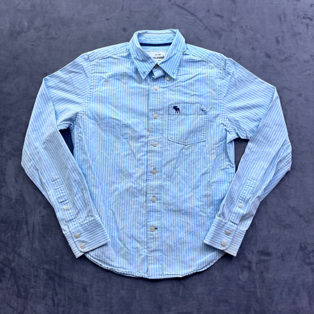 Abercrombie Mens Blue White Striped Button Down Shirt Moose Logo Large